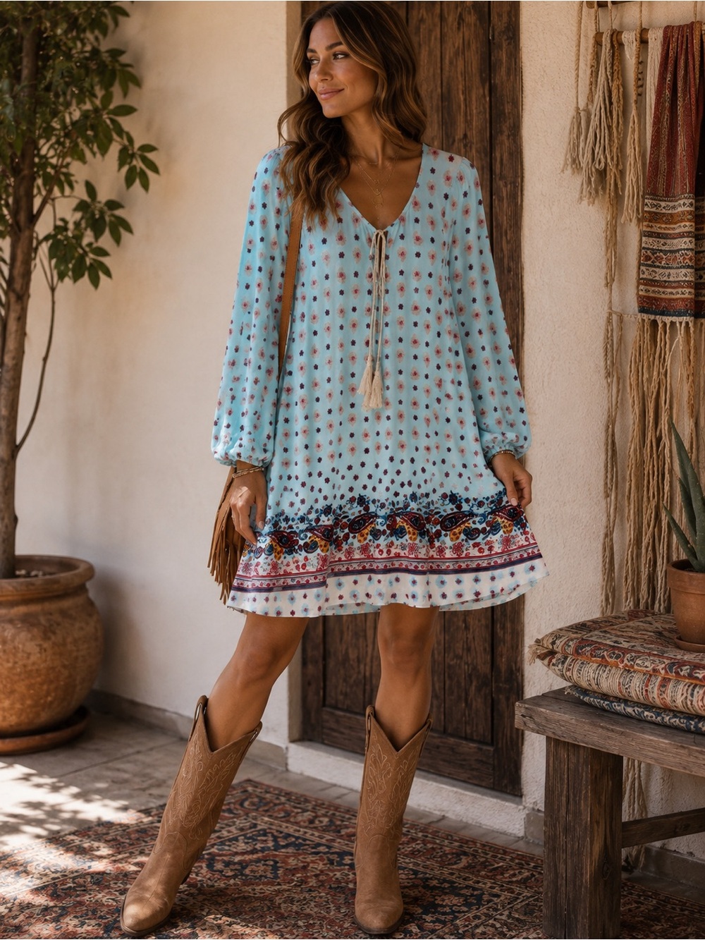 Signature Studio Boho Paisley Floral Tassel Shift Dress Size L